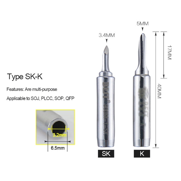 Type SK-K soldering tips: 3.4mm and 5mm conical heads, labeled SK and K