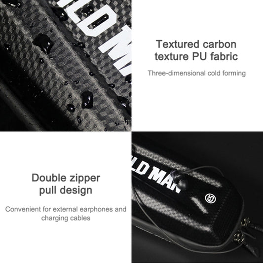 WILD MAN E5 front tube bag close-up, black carbon-texture fabric, double zipper