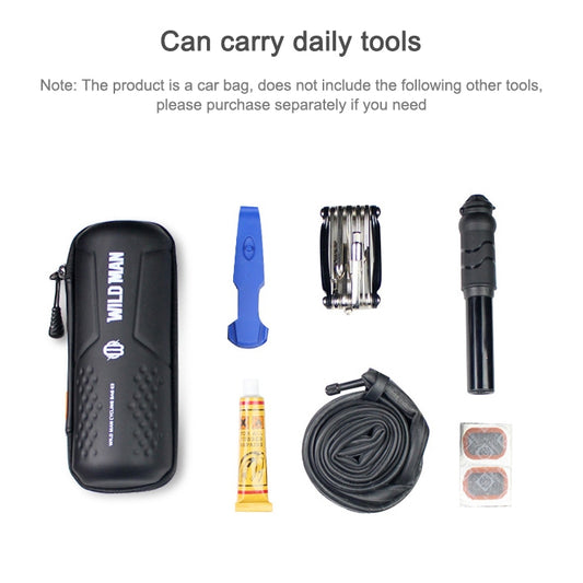 WILD MAN E3 black tool bag holding patch kit, tube, pump, and tire repair tools