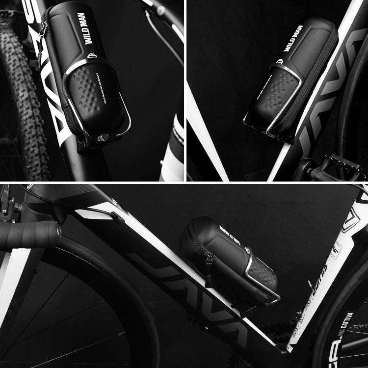 WILD MAN E3 black tool bag attached to bike frame in multiple mounting angles