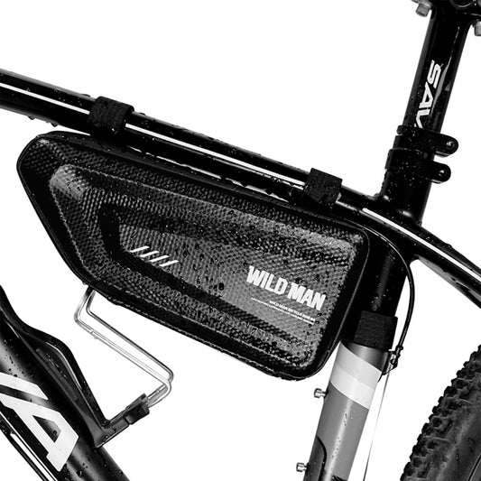 Waterproof bicycle handlebar front bag with mesh carbon-texture, WILD MAN logo