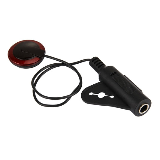 Clip-on guitar tuner with red round head, black triangular body, and cable