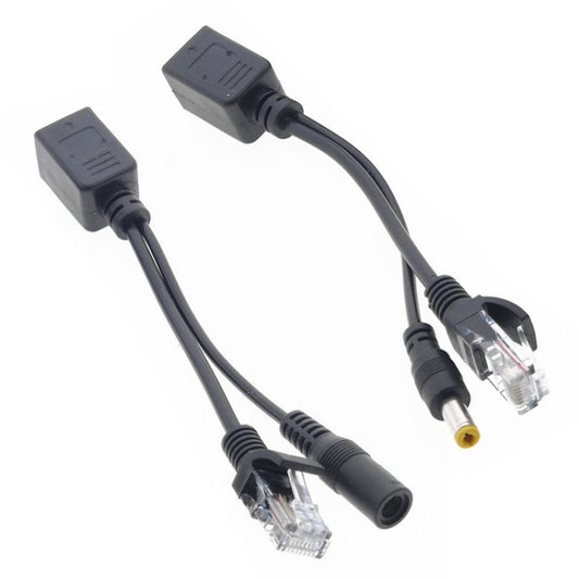 Black RJ45 PoE injector/splitter cables with two Ethernet plugs and DC barrel connectors