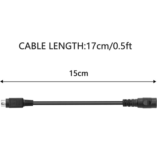 Black power cable with DIN male plug and DC 5.5x2.1 barrel female connector ends