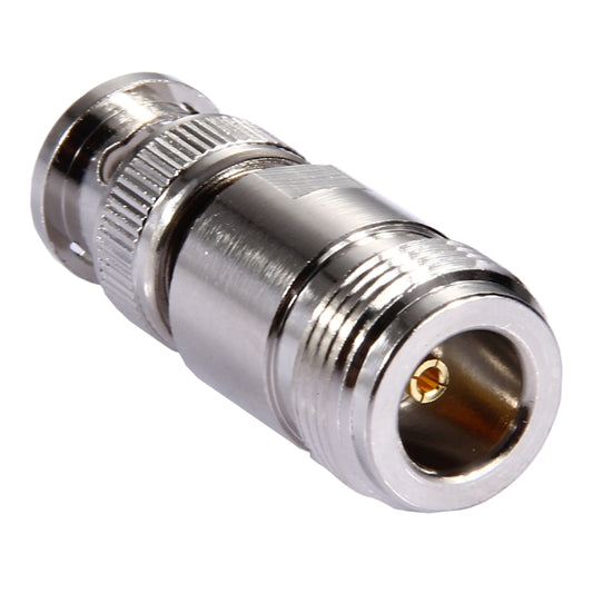 Metal N-to-BNC coax adapter with threaded N female jack and BNC male plug