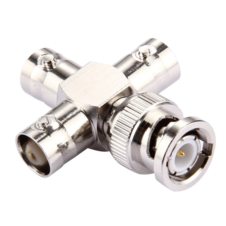 BNC cross connector adapter, 1 male to 3 female threaded ports, chrome metal