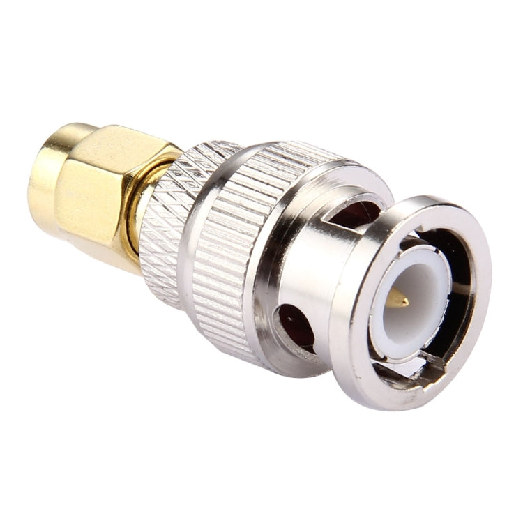 BNC male to SMA male RF connector with gold SMA plug and silver knurled ring