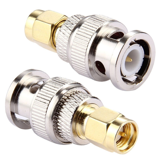 2-pack BNC male to SMA male RF coax connectors, gold and silver, threaded ends