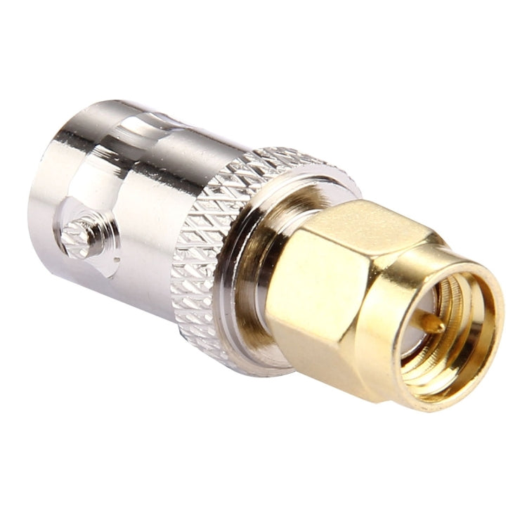 BNC female to SMA male connector with textured grip and gold SMA male threads