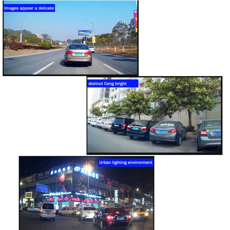Rearview mirror DVR footage panels showing daytime and night road views