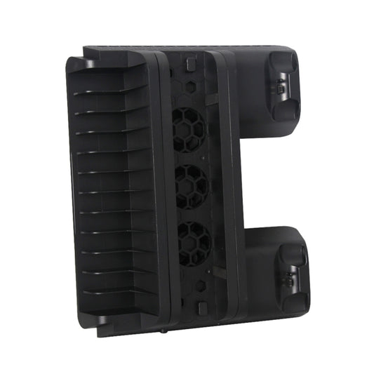 Black vertical cooling fan stand with hex-style air vents and side control grips