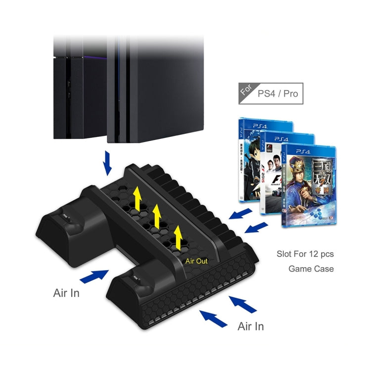 Airflow diagram for PS4/Pro cooling stand with game case slot and air in/out