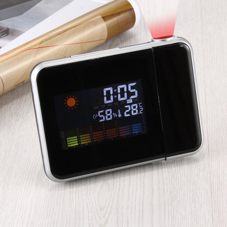 LED projection alarm clock with color LCD showing time, humidity, and temperature