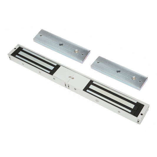 Double-door access control magnetic lock with mounting plates and black grille inserts