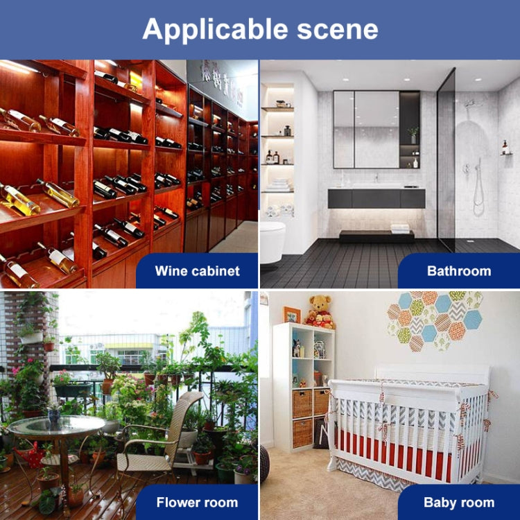 Room scene collage showing placement areas such as wine cabinet, bathroom, flower room, and nursery