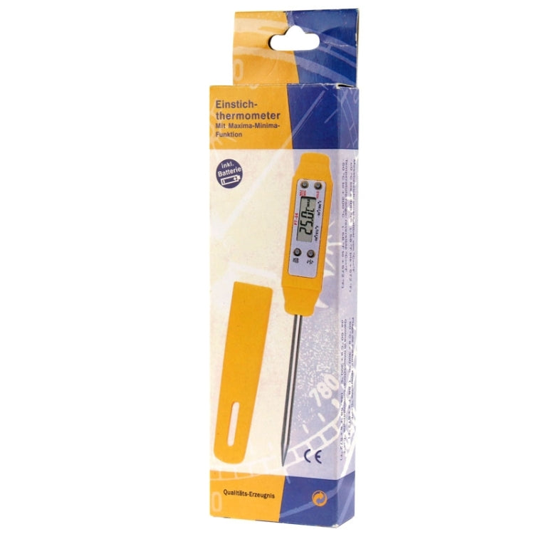 Food thermometer retail package with yellow digital thermometer and LCD panel