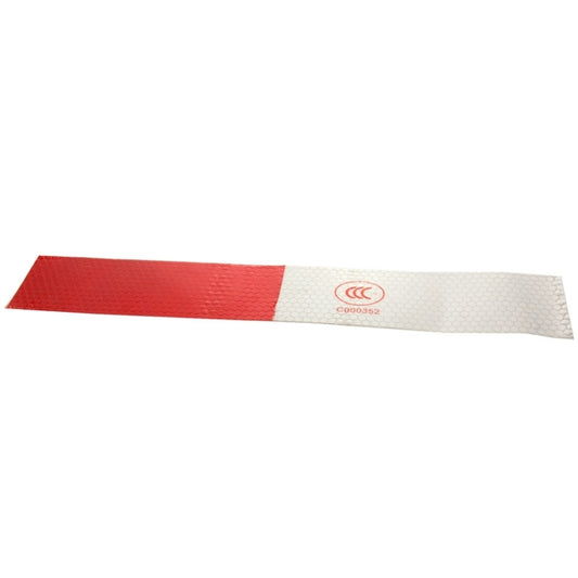 Close-up reflective red-and-silver warning strap sticker with small CCC mark
