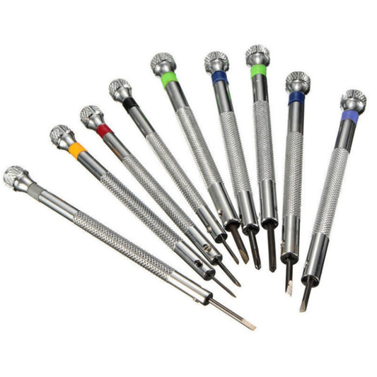 Watch repair screwdrivers set of 9, textured metal handles with colored rings