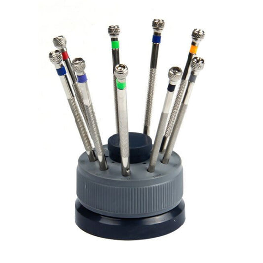 9-piece watch repair screwdriver set with holder, metal shafts and colored grip rings