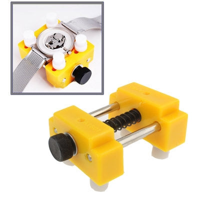 Yellow watch opener tool with metal rods, spring, and black handle