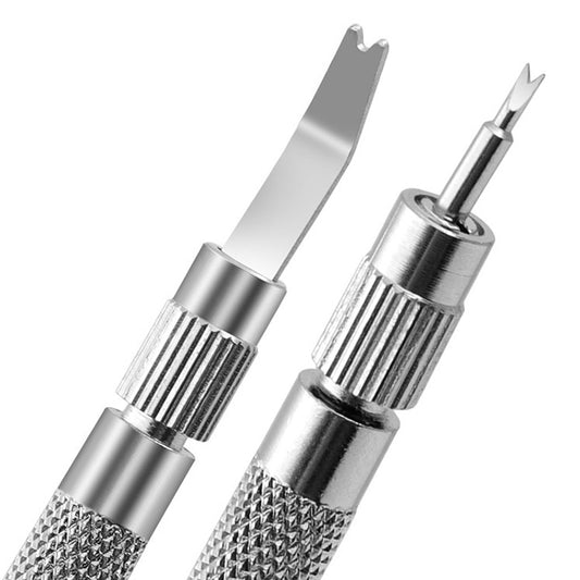 Metal spring bar remover tool with textured handle and forked prong tip