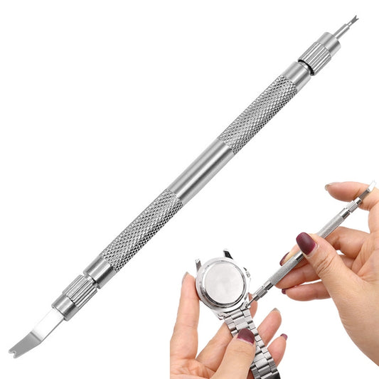Spring bar removal tool with textured metal grip and forked ends