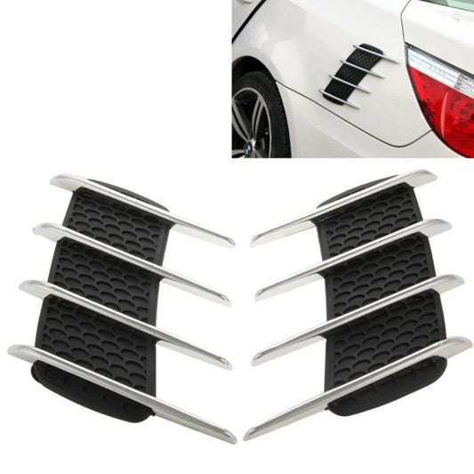 Car hood side shark gill vent sticker set, two black grille fins with silver trim