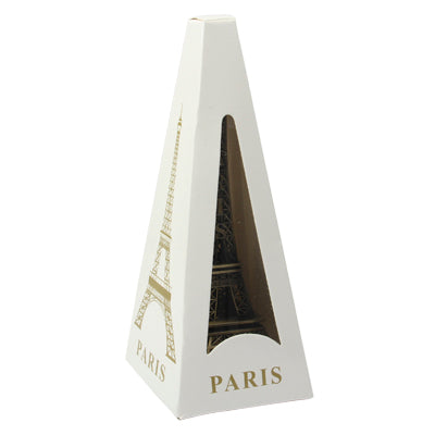 White Eiffel Tower model with gold PARIS text on sides and dark interior, 13x5.8cm