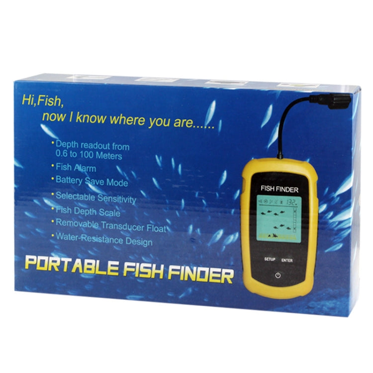 Portable fish finder retail box with product graphic and pictured handheld device