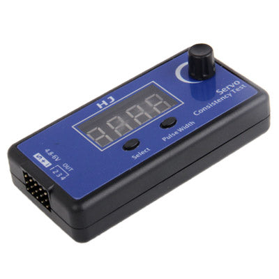 Digital servo tester angled view with blue LCD, selector controls, and side connector port