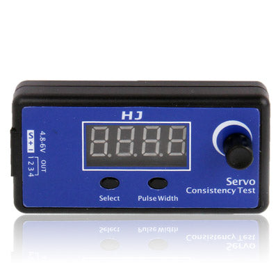 HJ digital servo tester with blue LCD, selector buttons, and consistency test knob