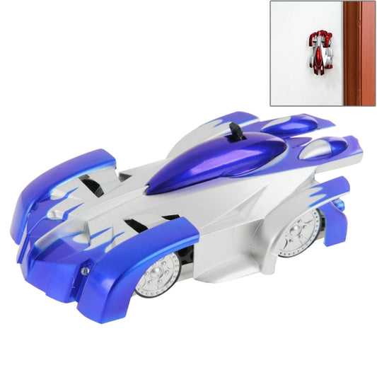 Blue and white RC wall-climbing stunt car with three wheel pods and top antenna