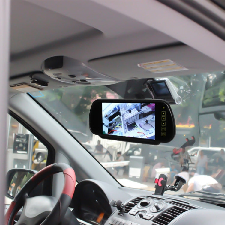 Rear-view monitor mounted on dashboard showing camera view for parking