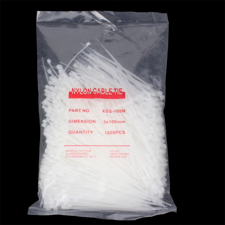 Bag of white self-locking nylon cable zip ties, 3mm x 100mm