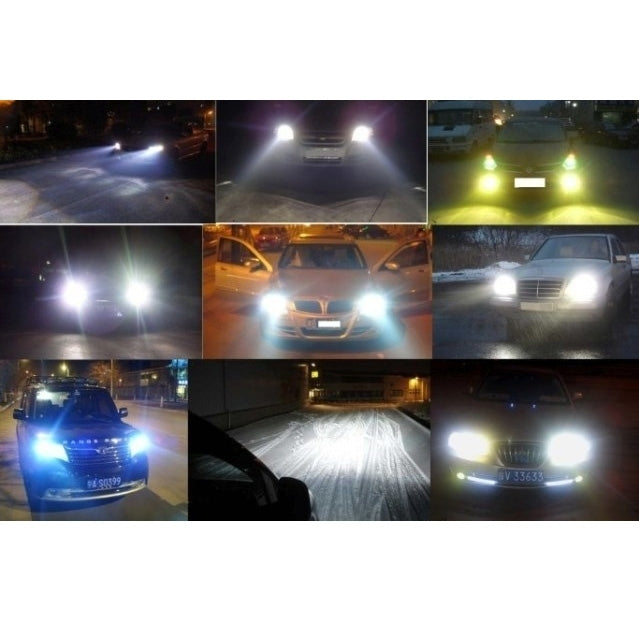 Car headlight beams lit by H7 bulbs, showing bright white illumination