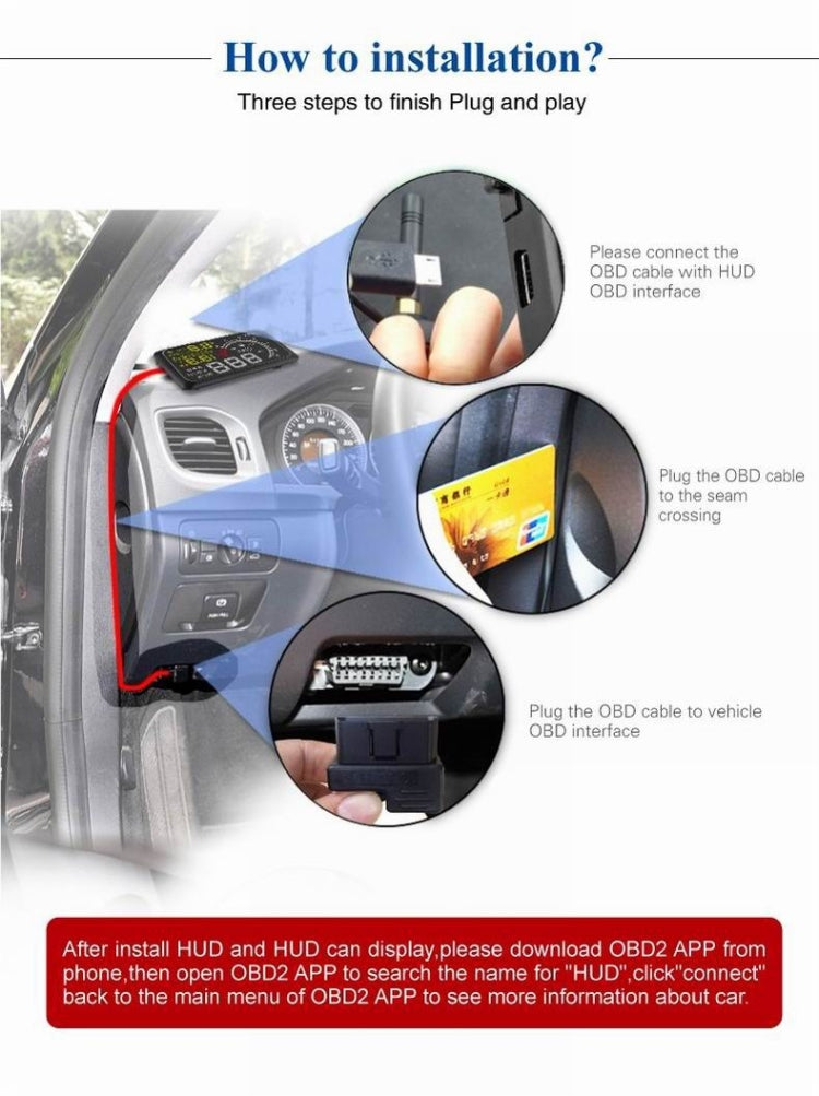 5.5-inch car HUD head-up display with OBDII plug and connecting cable