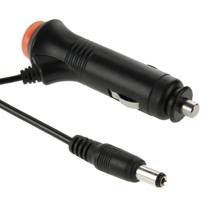Car power adapter with 5.5x2.1mm barrel plug, black cable, and inline switch