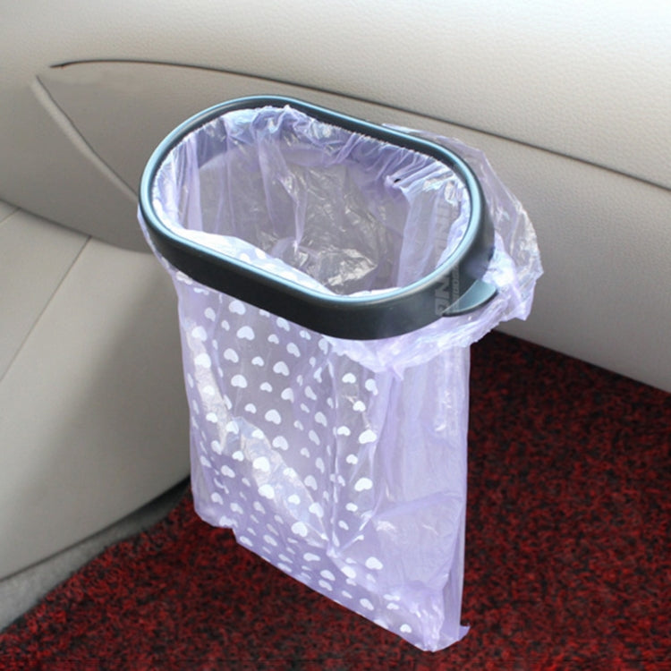 Car rubbish bag holder with a purple polka-dot trash bag inside