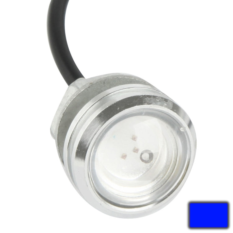 Waterproof vehicle LED eagle-eye light with blue glow, clear lens, silver housing, black cable