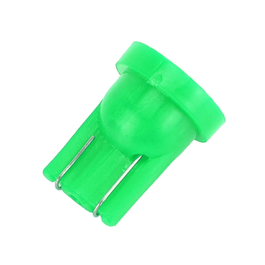 Green LED T10 car signal bulb with two metal pin prongs, close-up
