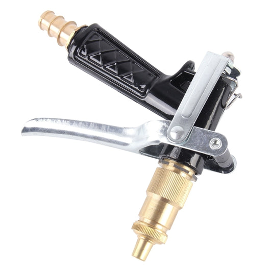 Compact car wash water gun with black body, silver lever, and brass water fittings