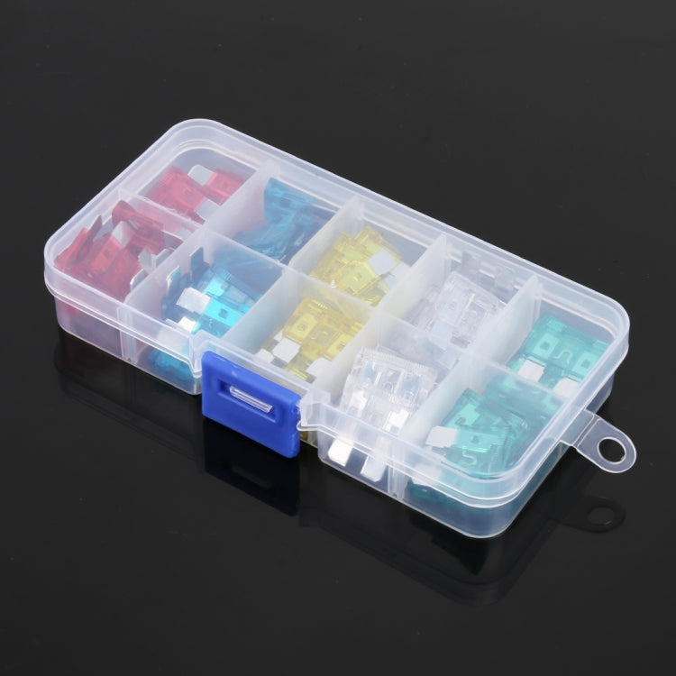 Car blade fuse set in translucent case with red, blue, yellow, white, and green fuses