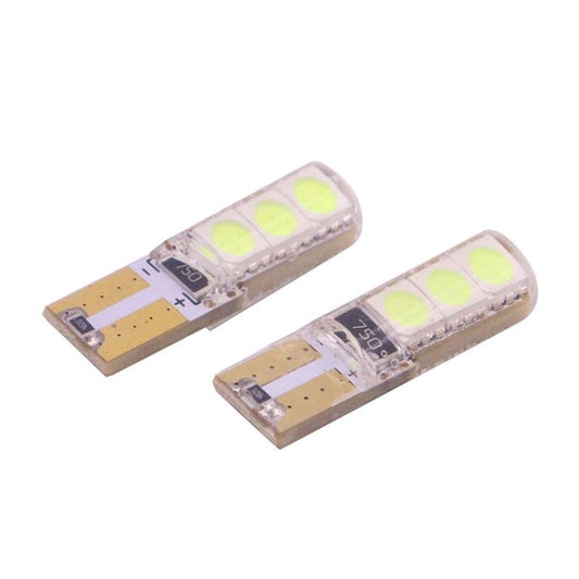 Ice blue LED T10 bulb set, 2-pack, angled view of two circuit boards with 6 LEDs