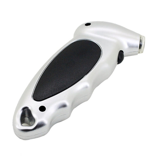 Silver tire gauge handle with green LCD window and metal valve tip