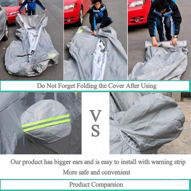 Sedan car cover installation steps showing cover unfolding and securing on car