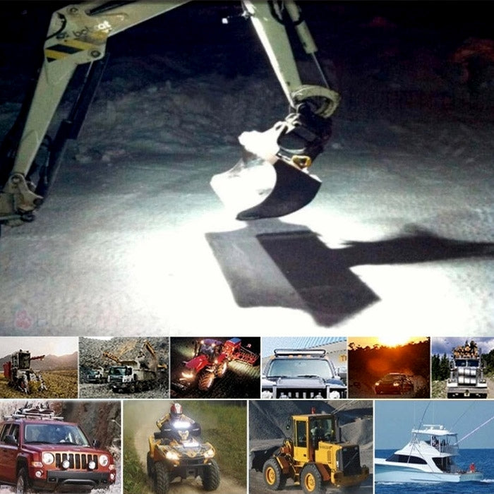 Waterproof LED spot light with bright white beam, mounted on vehicle bracket