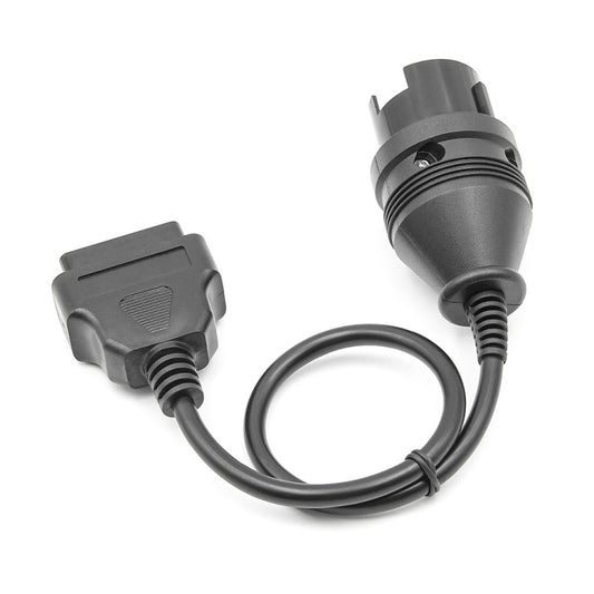 16-pin to 38-pin OBDII diagnostic cable showing two connector types and coiled leads, black