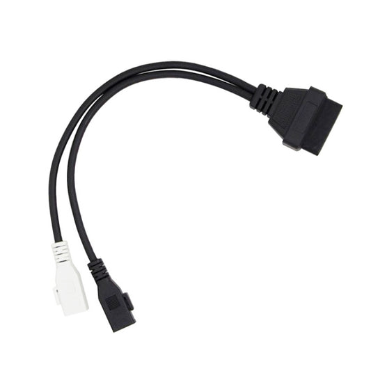 OBDII diagnostic cable with 16-pin plug end and 2-pin plug end, black housing