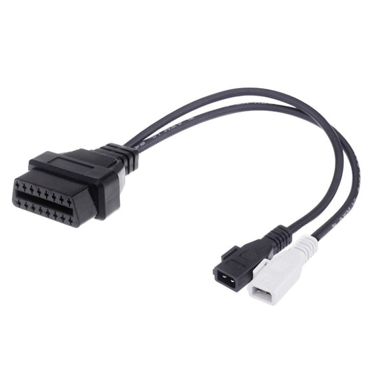 OBDII diagnostic cable with 16-pin connector and dual 2-pin plugs, black cable