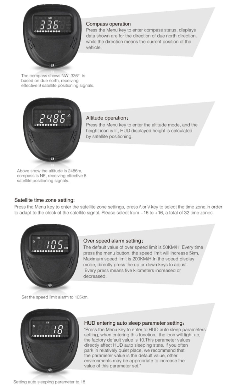 Car GPS HUD head up display showing compass and altitude operation on its screen